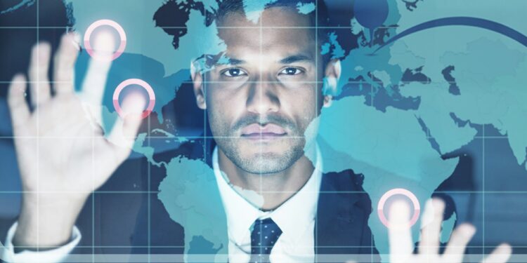 Digital big data cloud computer, futuristic web graphs and digital transformation with businessman,