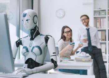 Efficient AI robot working and lazy employees