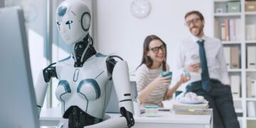 Efficient AI robot working and lazy employees